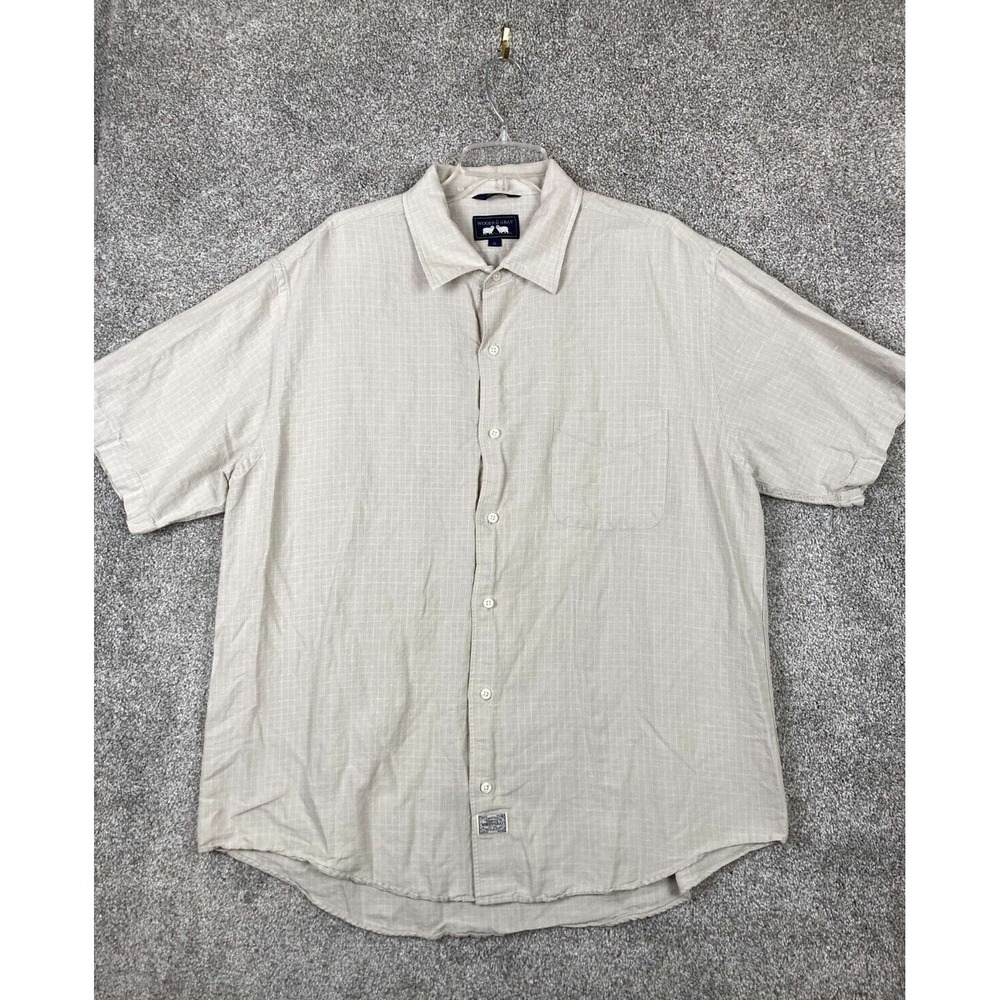 Woods & Gray Men's XL Beige Plaid Button Down Short Sleeve Shirt Pocket